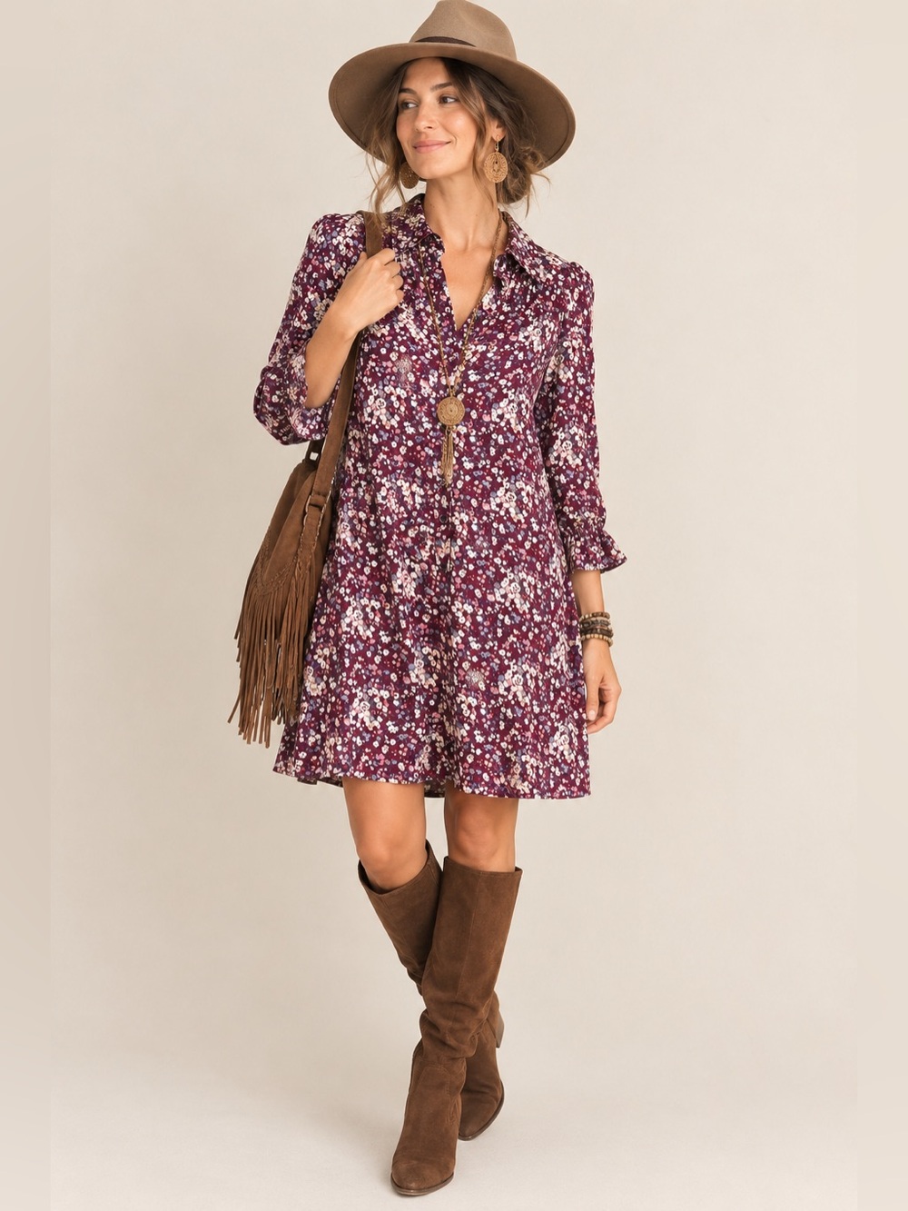 NWOT Natural Life Twiggy Floral Boho Mini Shirt Dress Burgundy Pink M